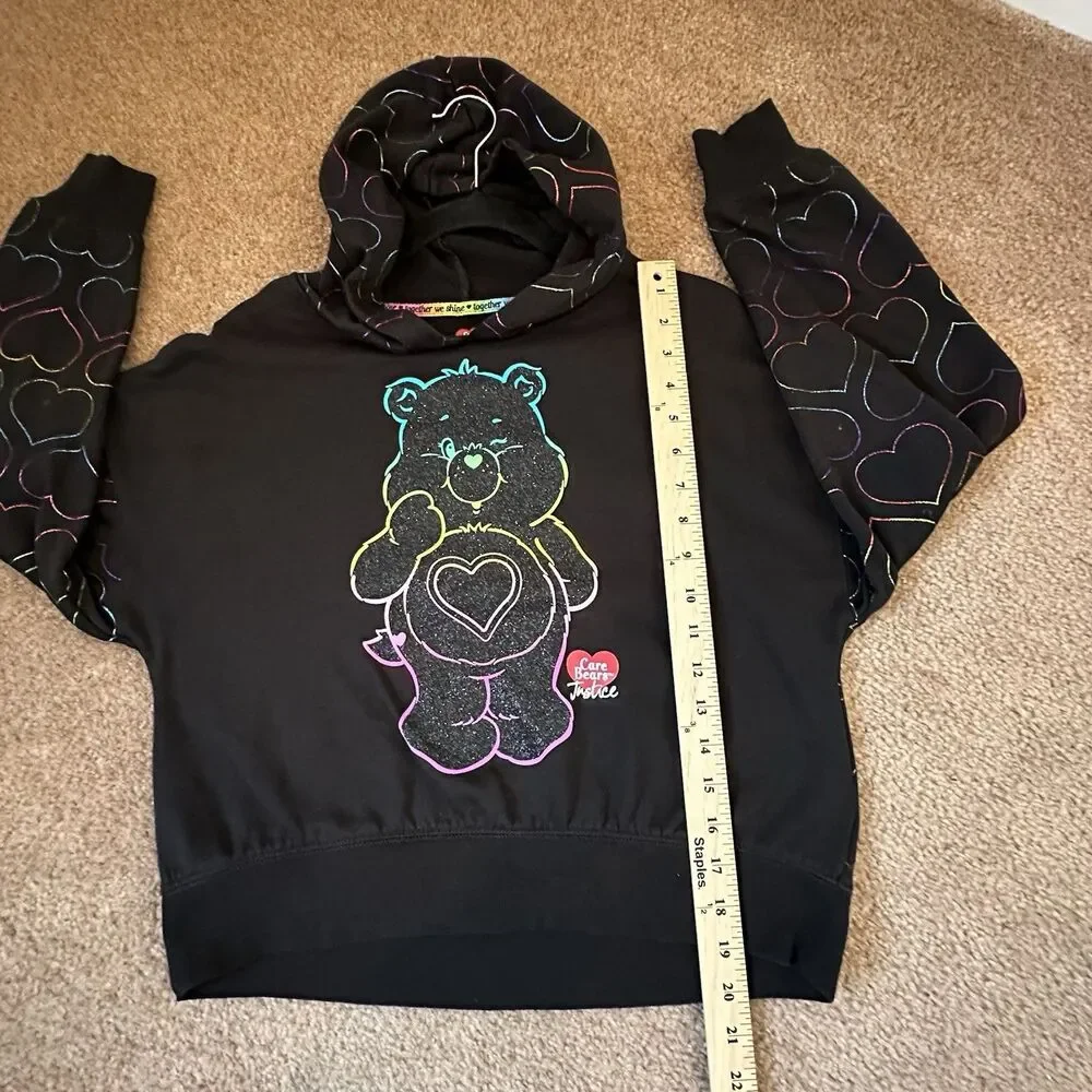Care Bears Justice Girls L 12/14 Black Hoodie Rainbow Heart Graphic